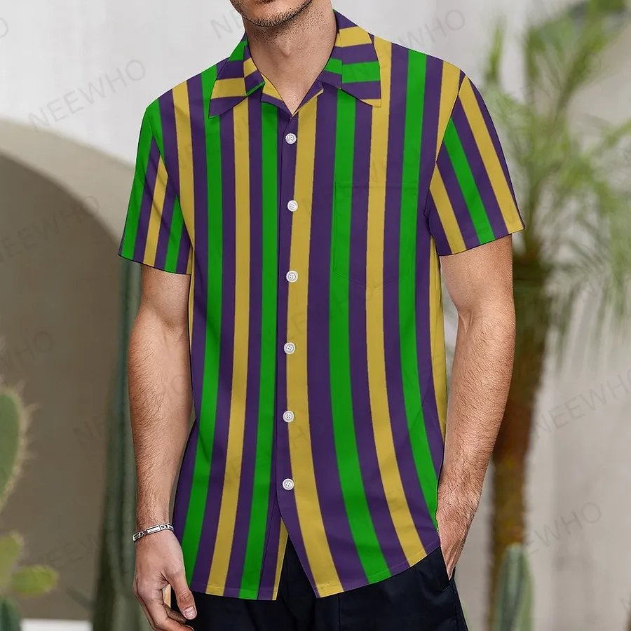 Purple Gold And Green Striped Mardi Gras Men's Tropical Print Hawaiian Beach Vacation Shirt Green-M