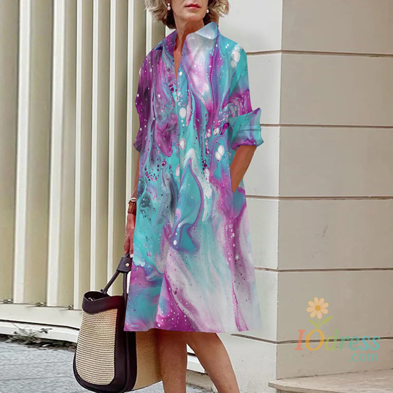 IO Dress Fashion Retro Solid Color Women's Shirt Dress Casual V Neck Lapel Full Sleeve with Pockets Long Dress Autumn Lady Street Dresses