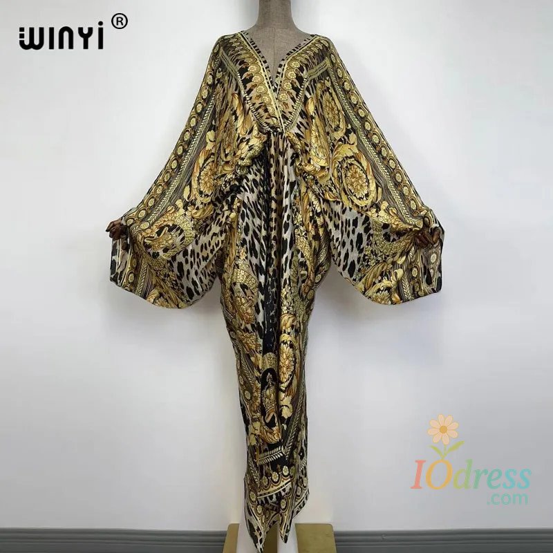 IO Dress Sexy beach kaftan caftan feel silk rayon fashion print 2021 WINYI Maxi women's robes long sukienka V-neck Bohemian dress