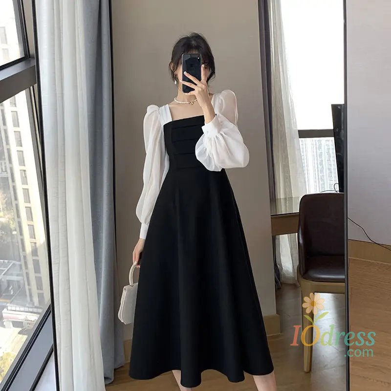 IO Dress Long Sleeve Black Vintage French Style Vestido De Mujer New Spring Autumn Squared Collar Lace Up Dresses Women Fashion