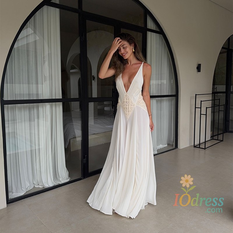 IO Dress Sexy Sleeveless Backless Deep V-neck Long Dress Slimming High Waist  Lace Up Vacation Robe Summer Outwear Elegant Lady Clothing