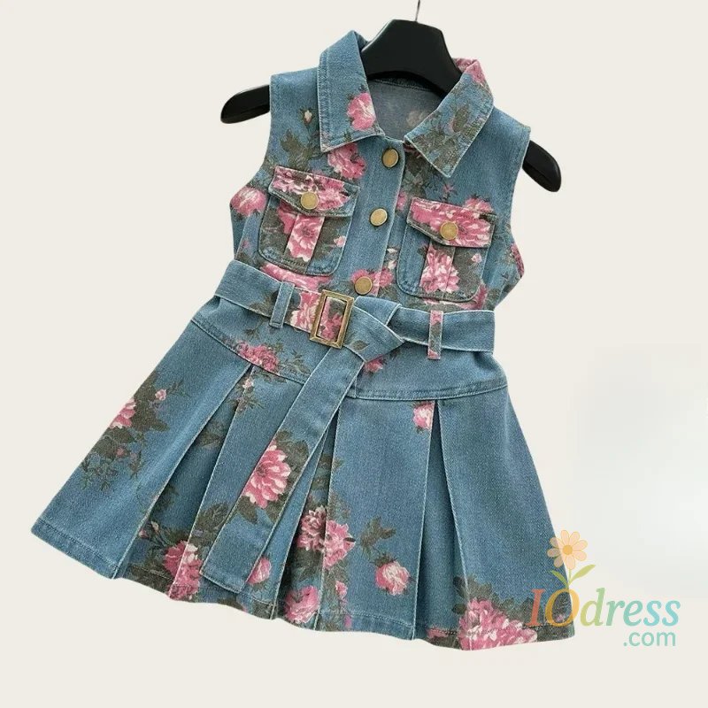 IO Dress Kids Children 2 - 8 Y Baby Girls Sleeveless Floral Printed Denim Dress with Stylish Belted Design Fashion Summer Outfit