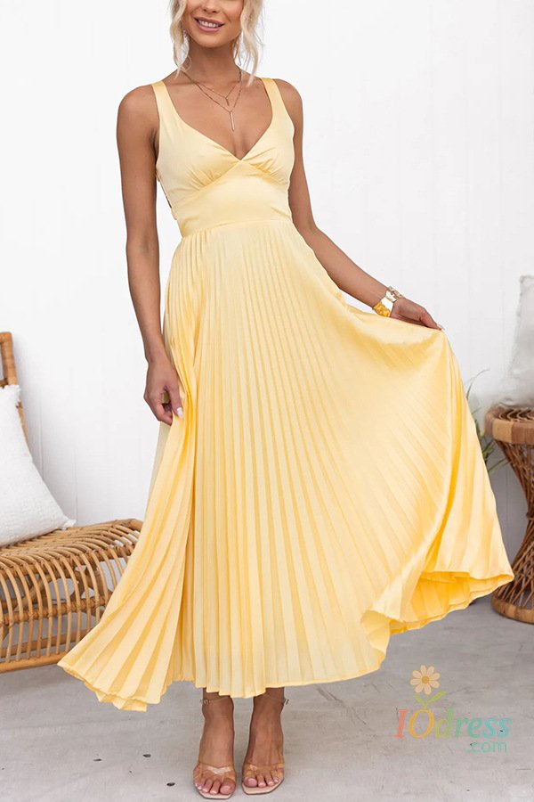 IO Dress Fashion V-Neck Holiday Long Dress Summer Elegant Strap Loose Solid Sleeveless Party Dress Women High Waist Solid Pleat Dresses