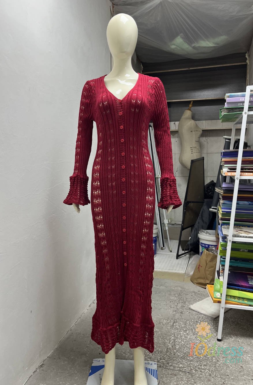 IO Dress Elegant Knitted Hollow Out Long Dress Women Beach Ruffle Single-breasted Flare Sleeve Cardigan Robe Female Fashion Solid Dresses