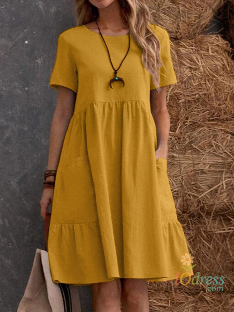 IO DressCasual Loose Solid Color Short Dresses For Women 2024 Summer Simple  A-Line Pocket Midi Dress Elegant Vintage Female Dresses