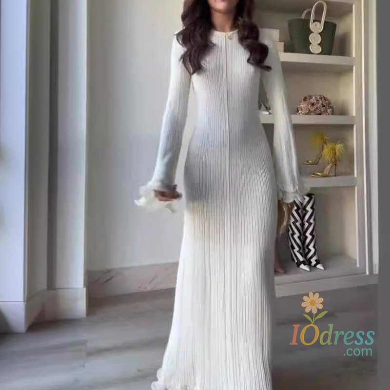 IO Dress Ruffles Pleated Loose Long Dress Women Autumn Winter Fashion White O Neck Flare Elegant Party Dresses Female Streetwear Outfits