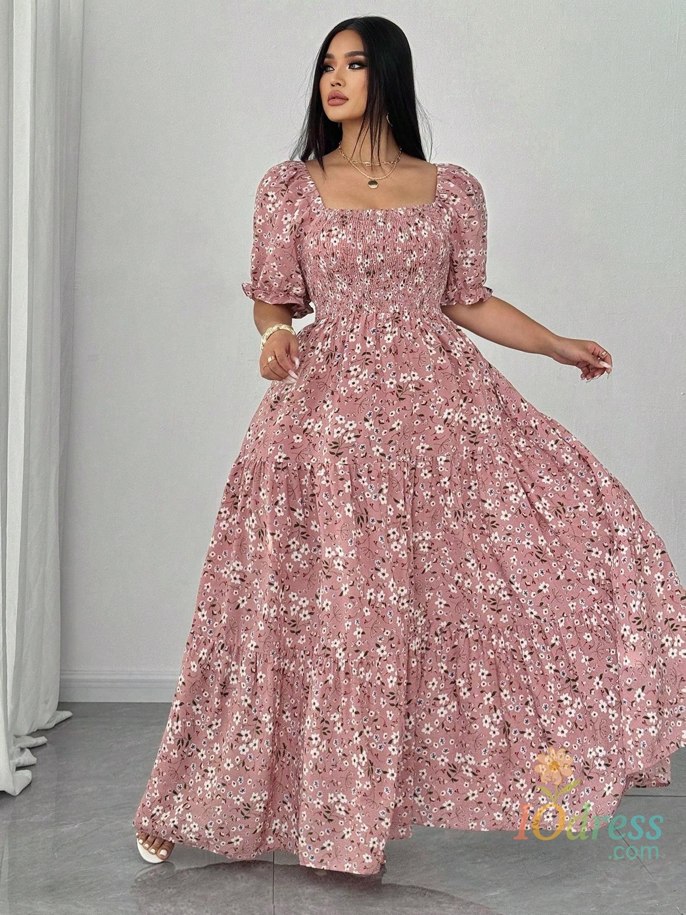 IO Dress Plus Size Floral Casual Dress for Women, Fitted Woven Fabric, Comfortable for Spring & Fall, Fashion