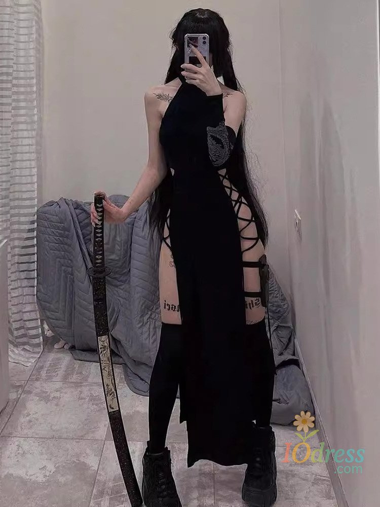 IO Dress Goth Dark Cosplay High Split Sexy Bandage Women Dresses Y2K Mall Gothic Halter Slim Midi Dress Black Grunge Style Alt Partywear
