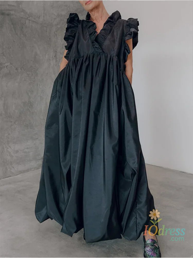 IO Dress Elegant Women's Pleated Dress A-line Loose Ruffle Sleeveless Summer Casual Vintage Fashion V-Neck Summer Dress for Female