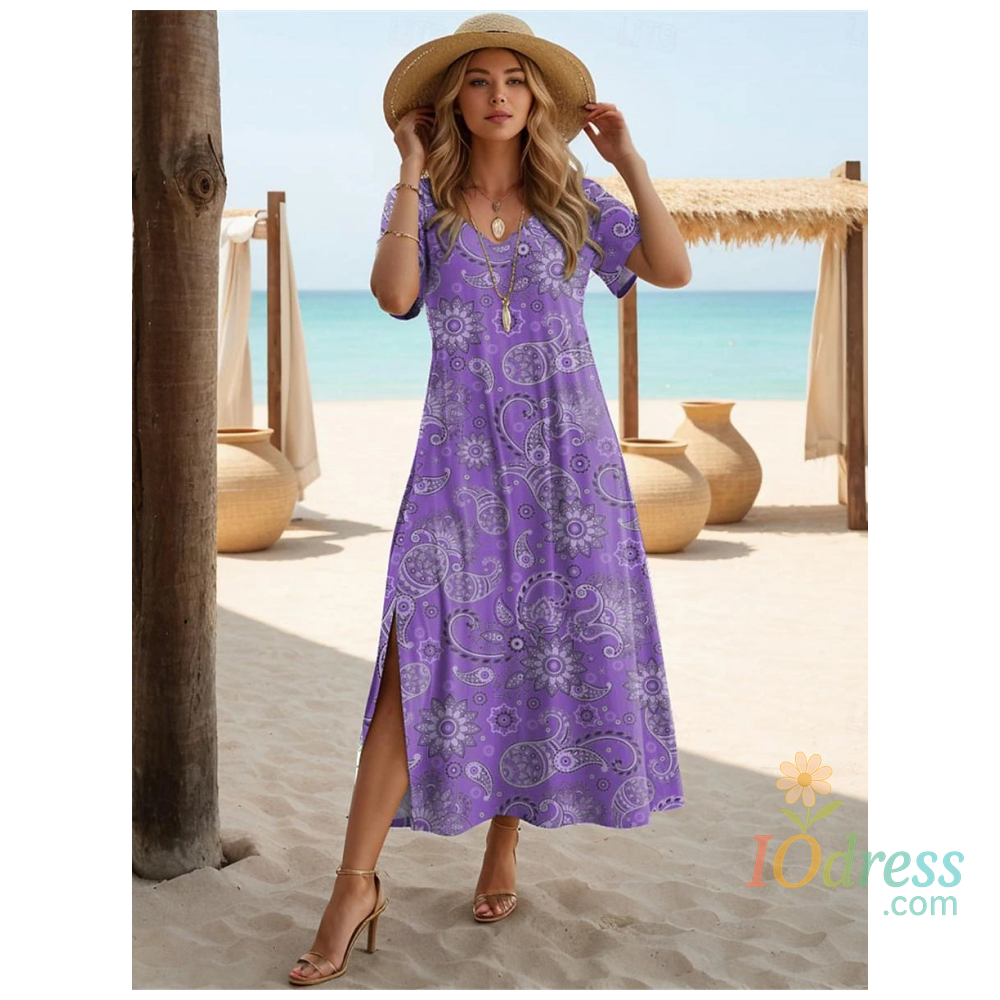 IO Dress Women's Paisley Dress Casual Split V-Neck Long Dress Maxi Dress Ethnic Tribal Holiday Dresses Summer Short Sleeve Woman Clothing