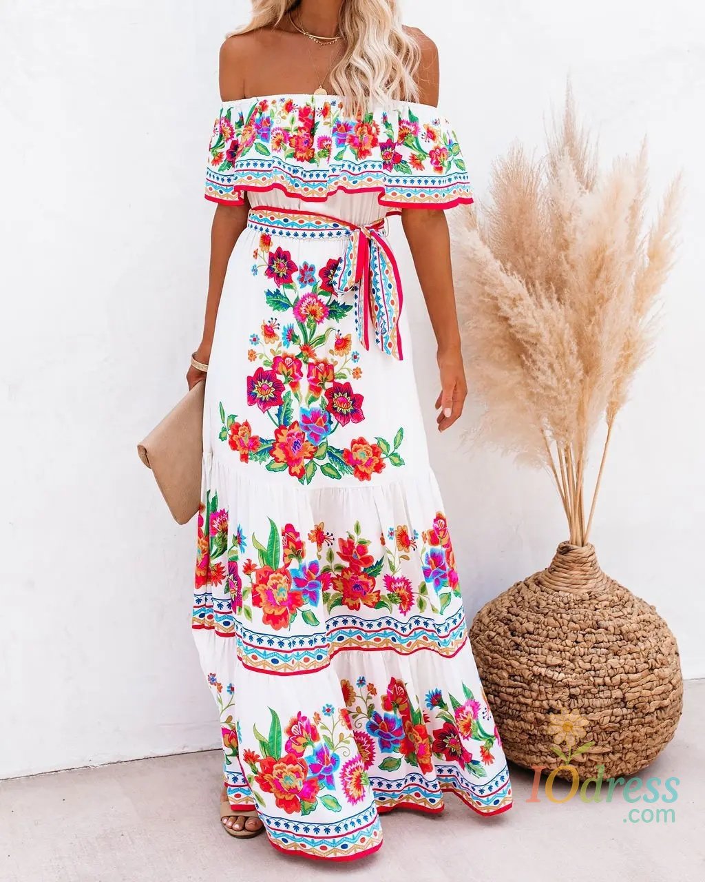 IO Dress 2024 New Independent Stand Amazon Off-Shoulder Red Flower Printing Long Dress Large Sweep Dress European Spring Summer Fashion