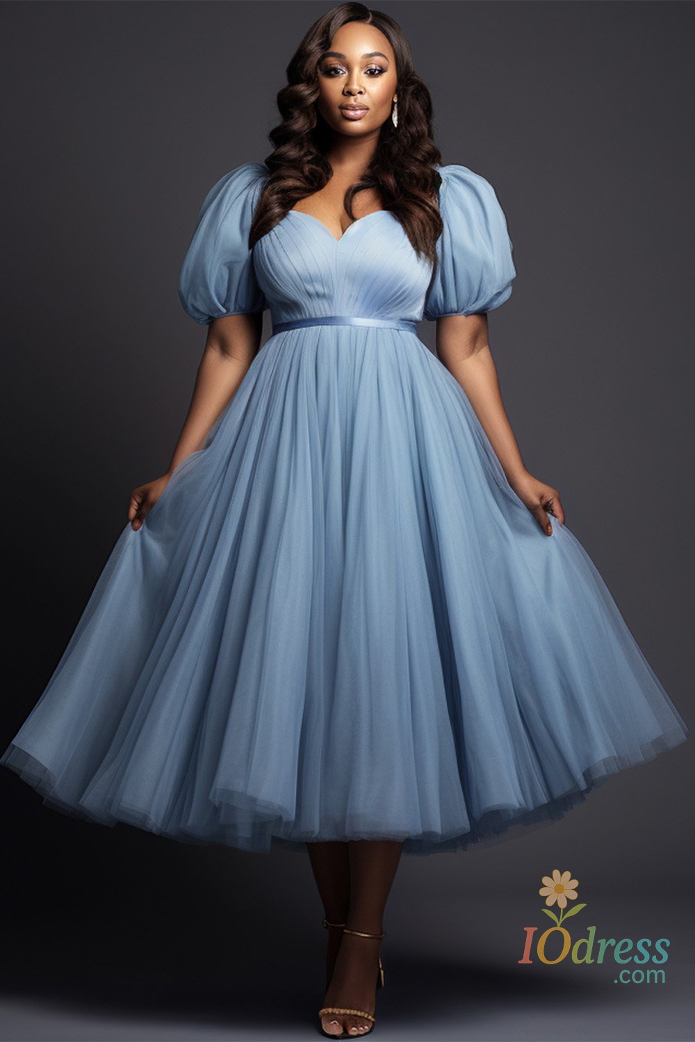 IO Dress Plus Size Prom Purple Puff Sleeve Short Sleeve Pleated Tulle Midi Dresses