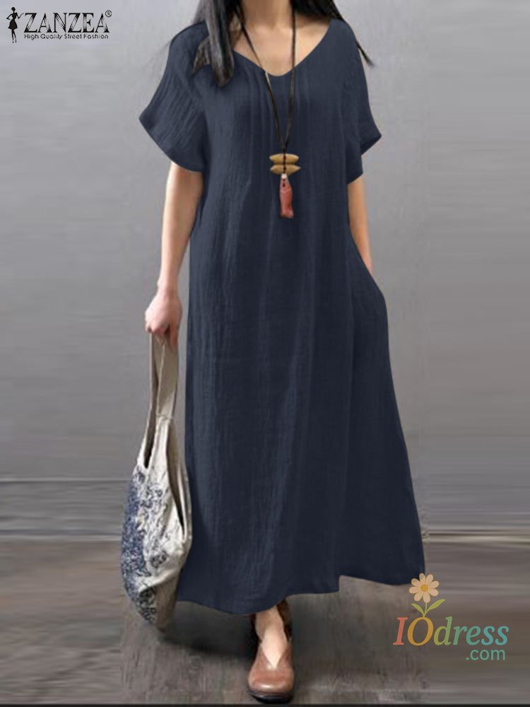 IO Dress Shop Women  V-Neck Dress Summer Solid Short Sleeve Sundress Fashion A Line Loose Dresses Party Robe Holiday Vestidos Oversize
