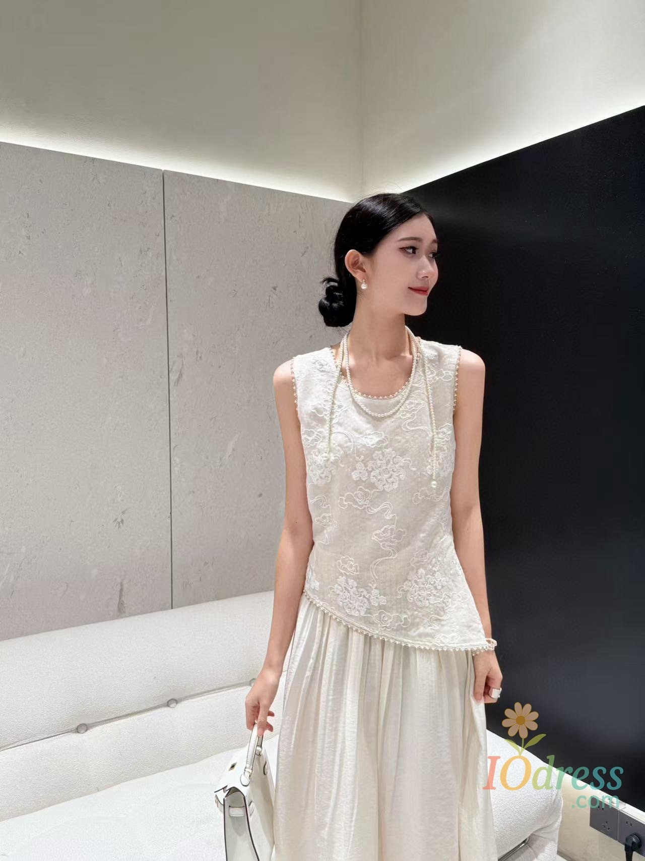 IO Dress Summer elegant casual vintage style 100% linen embroidered dress