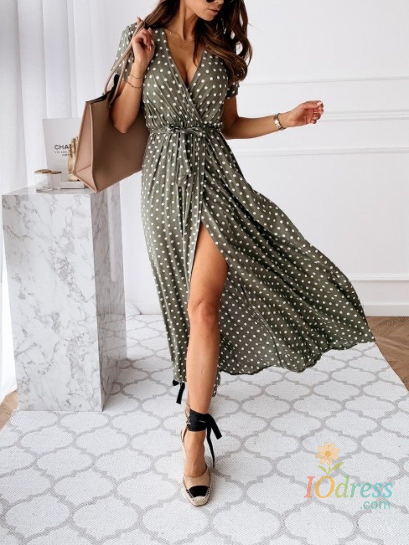 IO Dress Women's Summer Short Sleeved V-neck and Ankle Skirt Bohemian Polka Dot Printed Dress Long Skirt