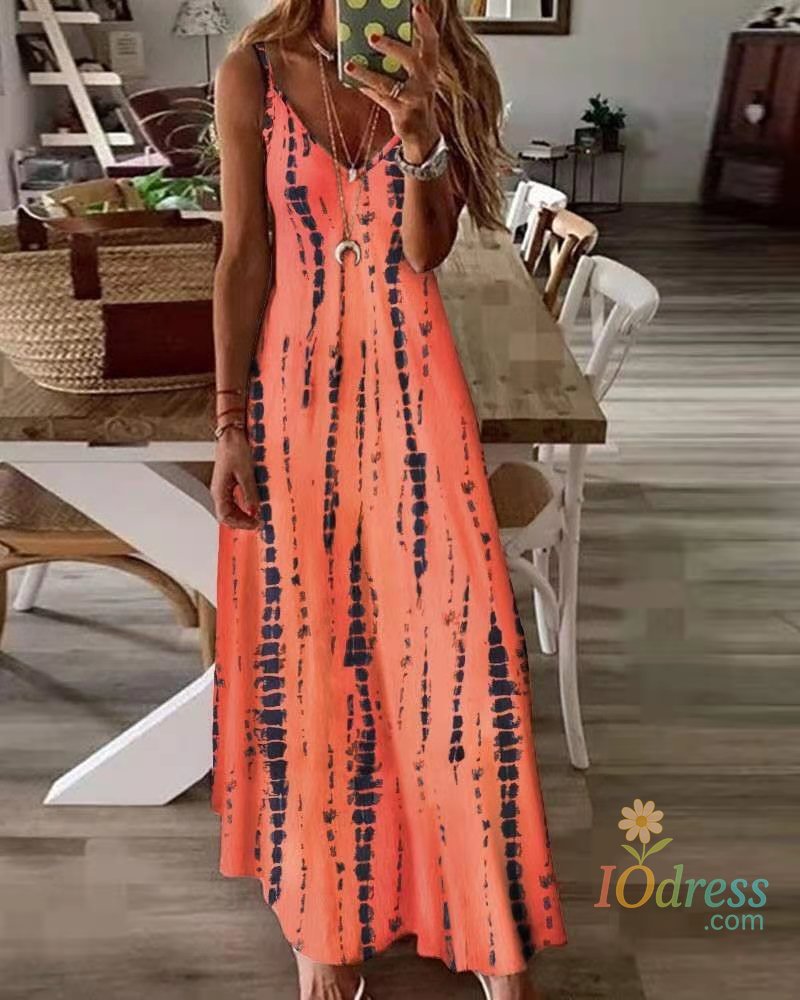 IO Dress Plus Size Europe and America  Women's  Summer New Product Tie Dyed Print Large hem Hanging Strap Dress