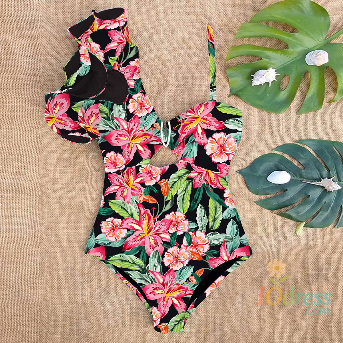 IO Dress Sexy One Shoulder Ruffle One Piece Swimsuit Leopard Print Swimwear Women Swimsuit V Neck Bathing Suit Beachwear Monokini Female