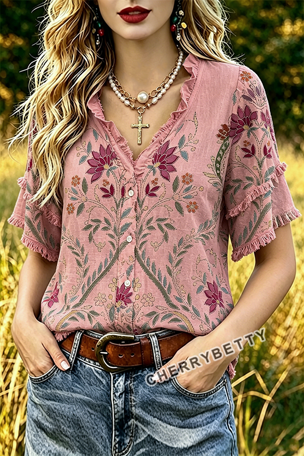 Retro Floral Print Ruffle Neck Frayed Hem Top