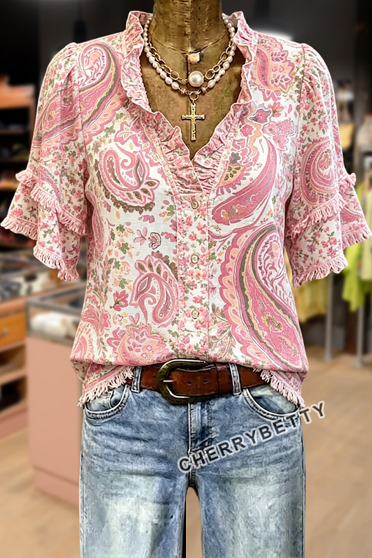 Retro Floral Print V-Neck Short Sleeve Top