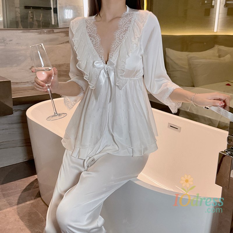 IO Dress Women's lace lace satin home sleepwear set deep V sweet lace top pants two pieces of home clothes big size white black purple