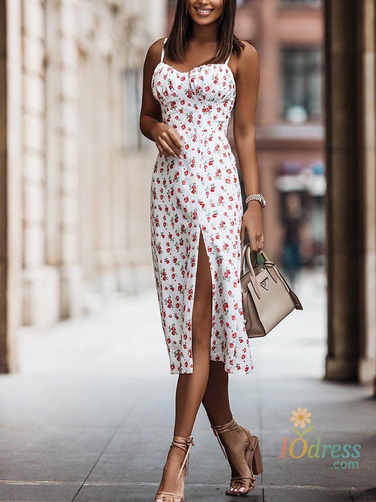 IO Dress Summer Sexy Midi Dress Women Fashion White Floral Print Backless Beach Sundresses Casual Slim Slit Sleeveless Dress 2025 New