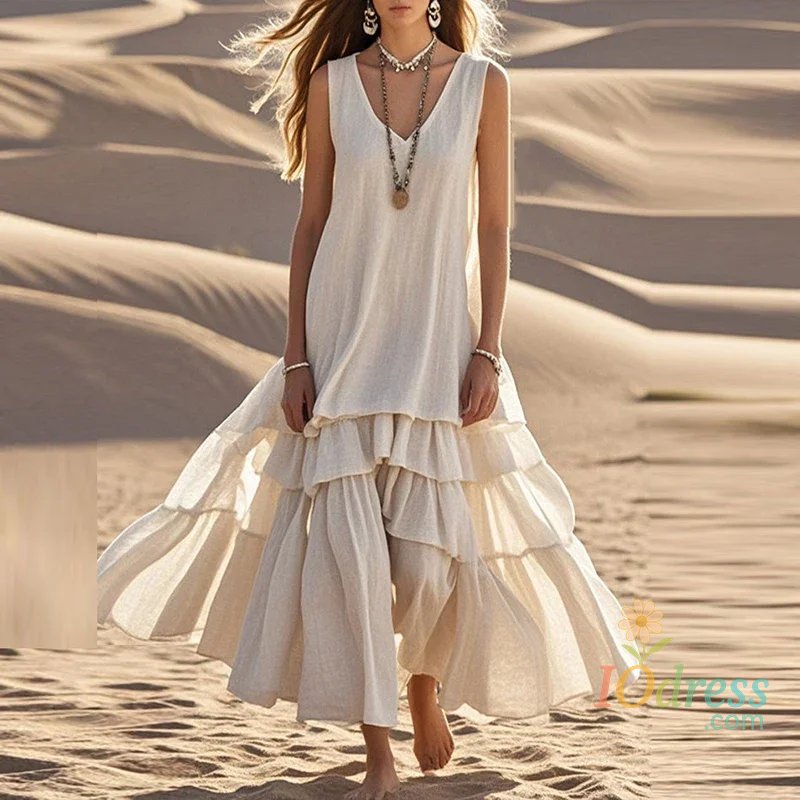 IO Dress Retro Solid Cotton Linen Pleated Long Dress Woman Spring Fashion V Neck Loose Maxi Dress Summer Sleeveless Tank Boho Beach Dress