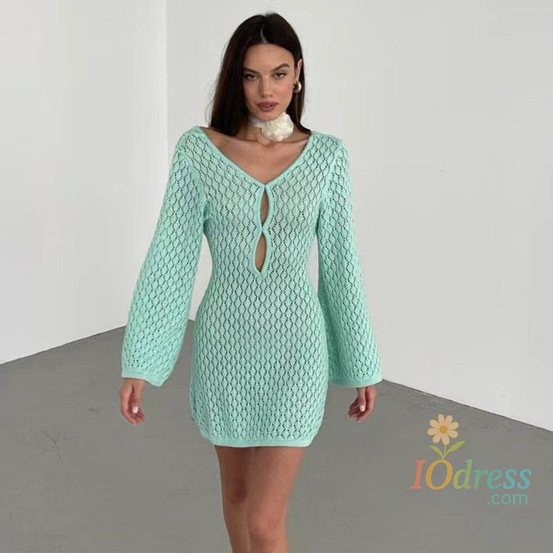 IO Dress Tuularose Hollow Knit Mini Dress For Women Plaid Print Long Sleeve V Neck Bikini Cardigan Dress Female Beach Vacation Sexy Dress