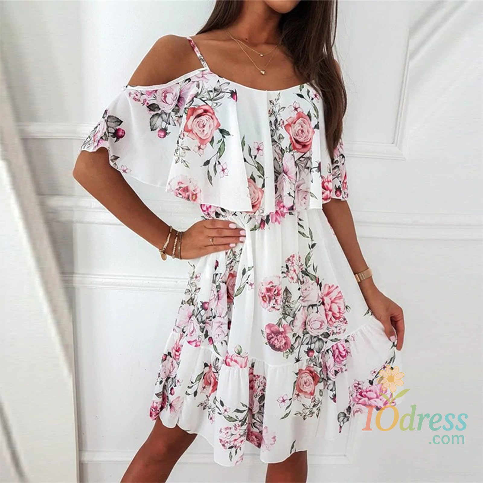 IO Dress Women'S Spring/Summer New 2024 European And American Chiffon Printing Sexy Off Shoulder Strap Large Swing Ruffle Edge Dress