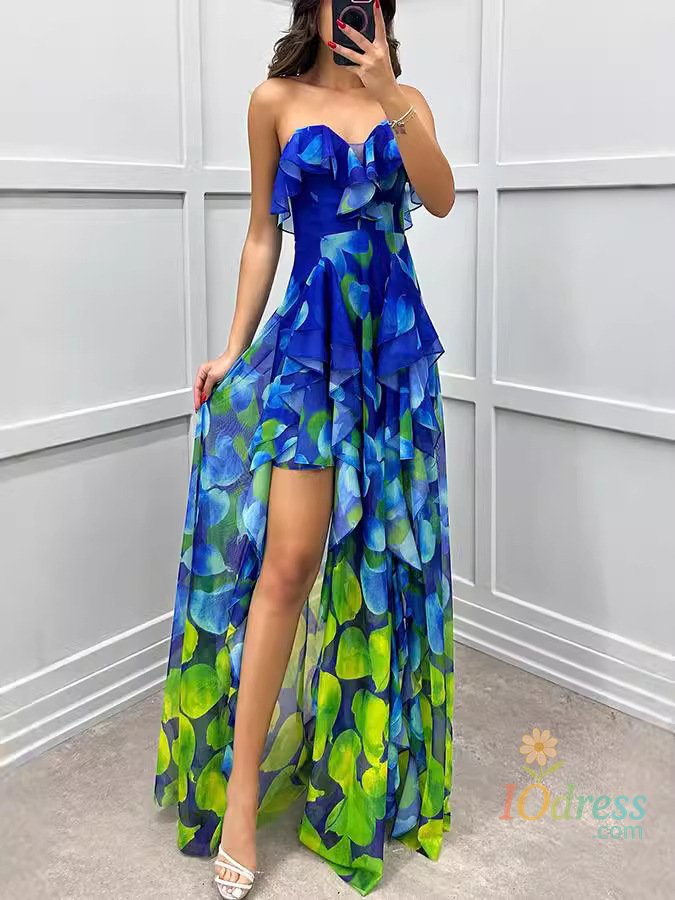 IO Dress Long Dress Women Strapless Dresses Ankle Length Sleeveless Vestidos Print Loose High Waist Casual Beach Summer Party Night Club