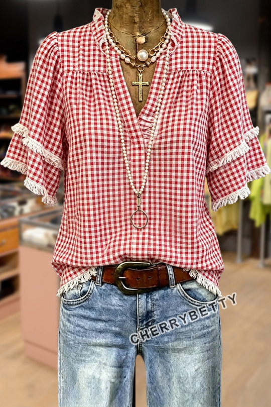 トップス cherryboy407 Classic Gingham V-Neck Frayed Hem Cotton Top