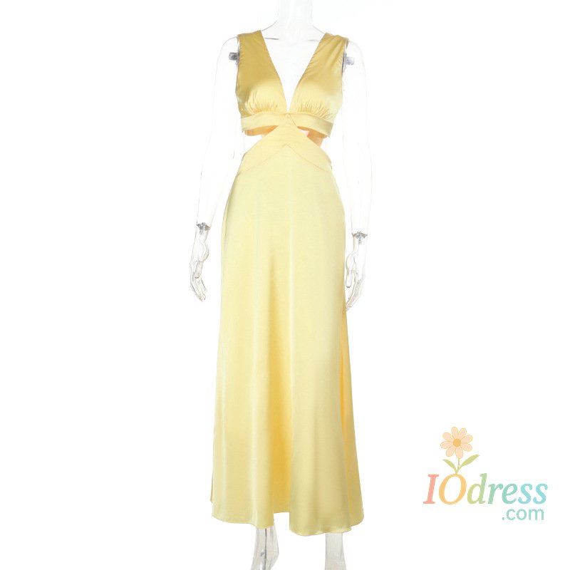 IO Dress Women's Sleeveless Deep V Neck Hollow out Long Dress High Waist Bodycon Slit Design Beach Vacation Solid Color Dress