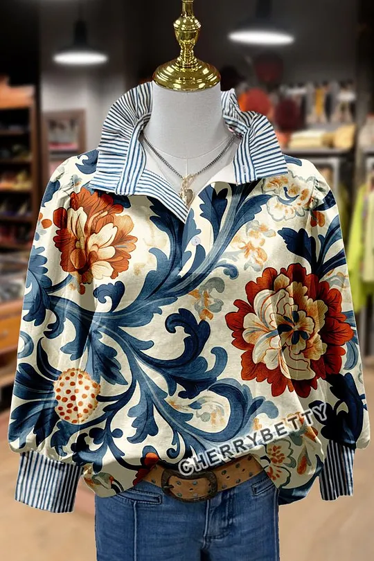 トップス cherryboy407 Retro Flower Embroidered V-Neck Short Sleeve Cotton Top
