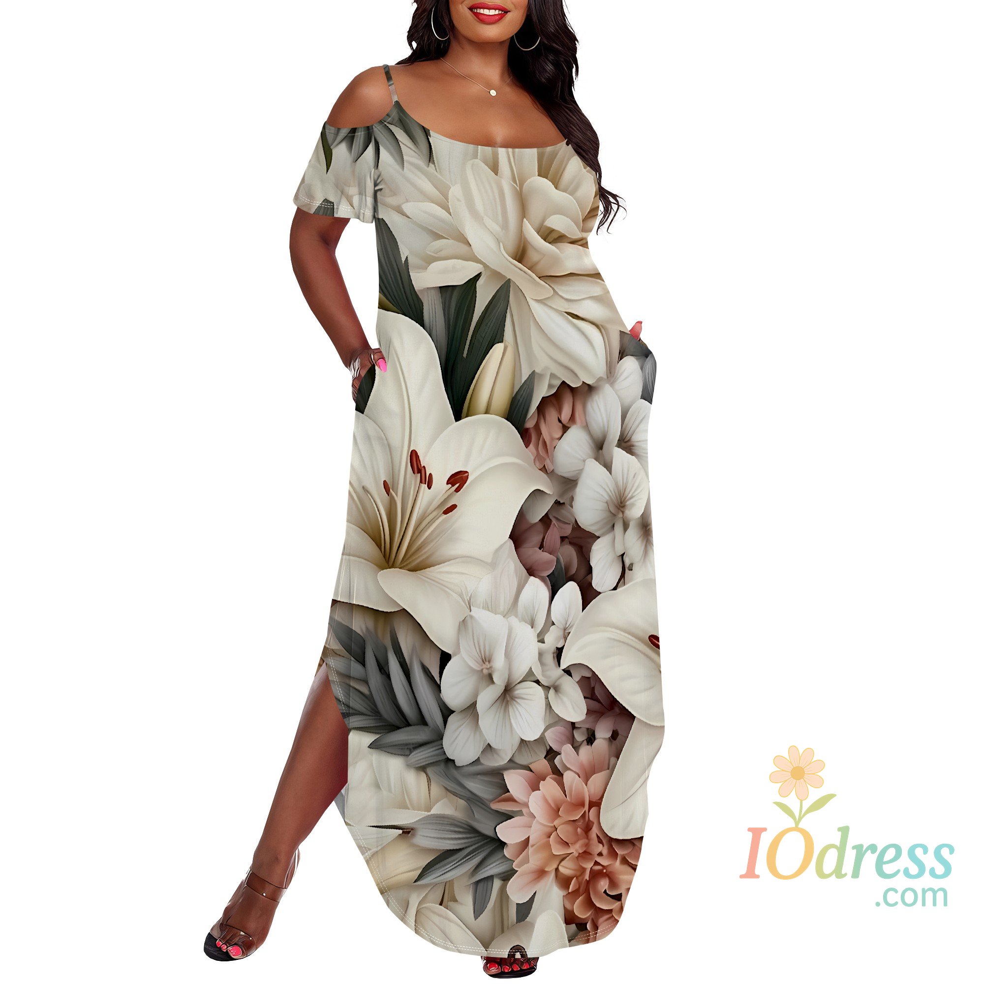 IO Dress Plus Size Floral Print Maxi Dress for Women Summer Spaghetti Strap Off Shoulder Beach Sundress with Side Slit