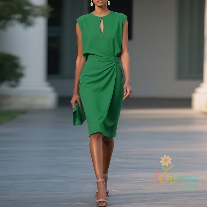 IO Dress Retro O-Neck Hollow Out Party Dress Summer Stylish Sleeveless Office Lady Dresses Elegant Solid Color Folds High Waist Long Dres