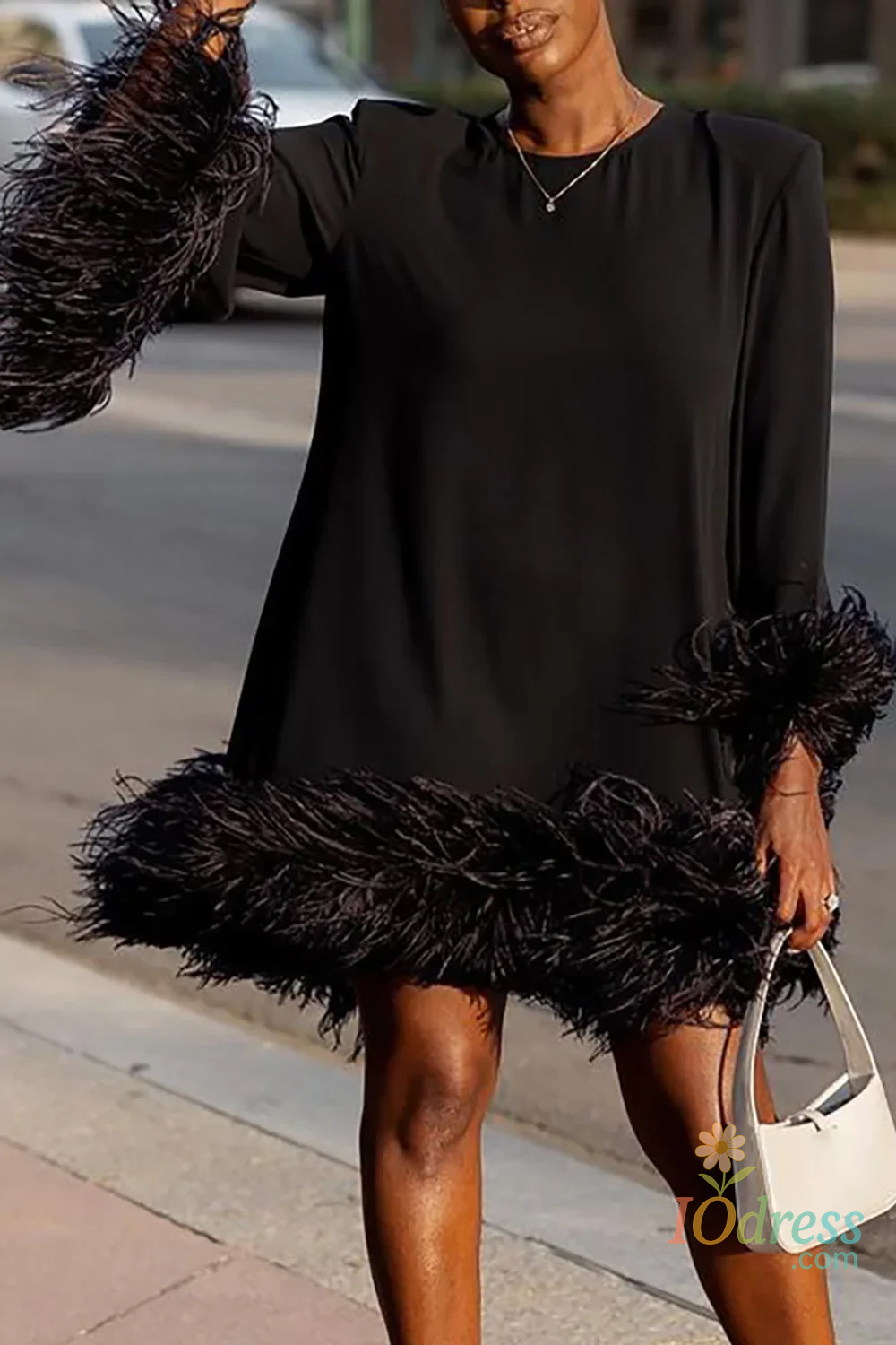 IO Dress Plus Size Flare Sleeve Femme Pullover Dress Sexy Patchwork Feather Women Evening Dress Fall Elegant O-neck A-Line Mini Dress