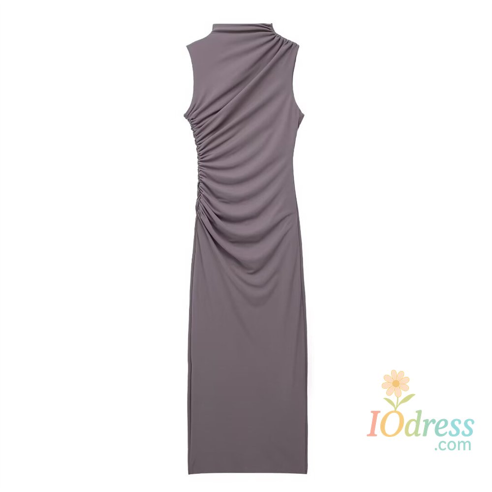 IO Dress European And American Style 2024 Spring And Summer Women's New Fashionable Temperament Solid Color Pleated Decorative Dress