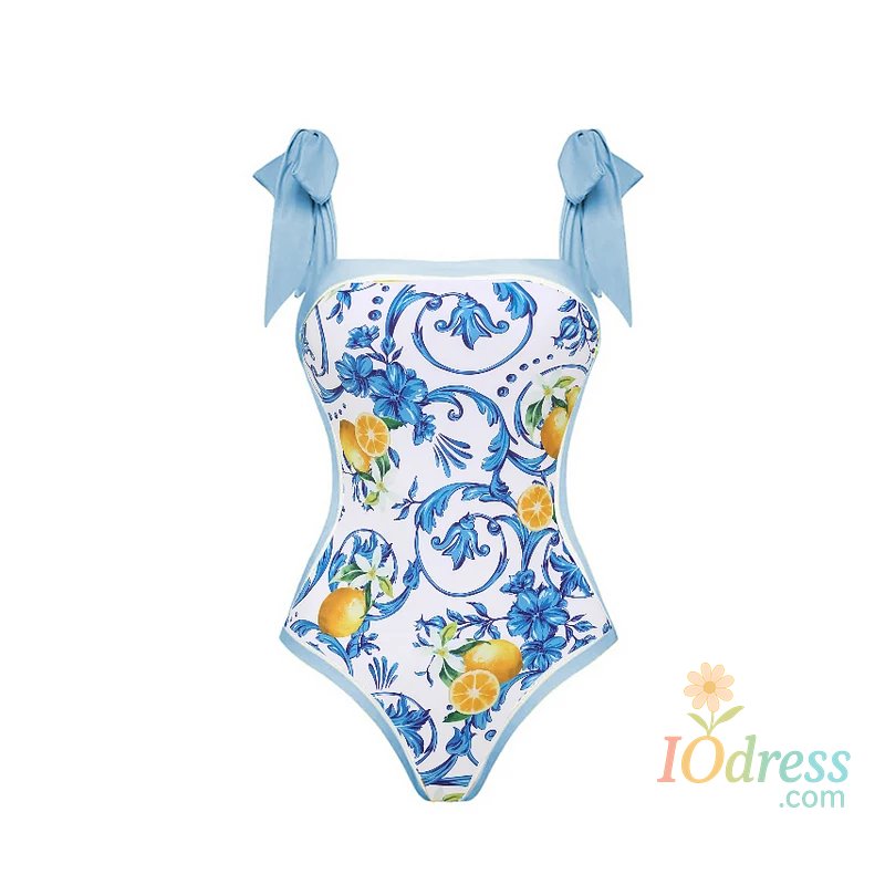 IO Dress Flaxmaker Bikini Set Swimwear Summer Women Push Up Lemon Print Tie-shoulder One Piece Swimsuit Brazilian Beach Bathing Suit