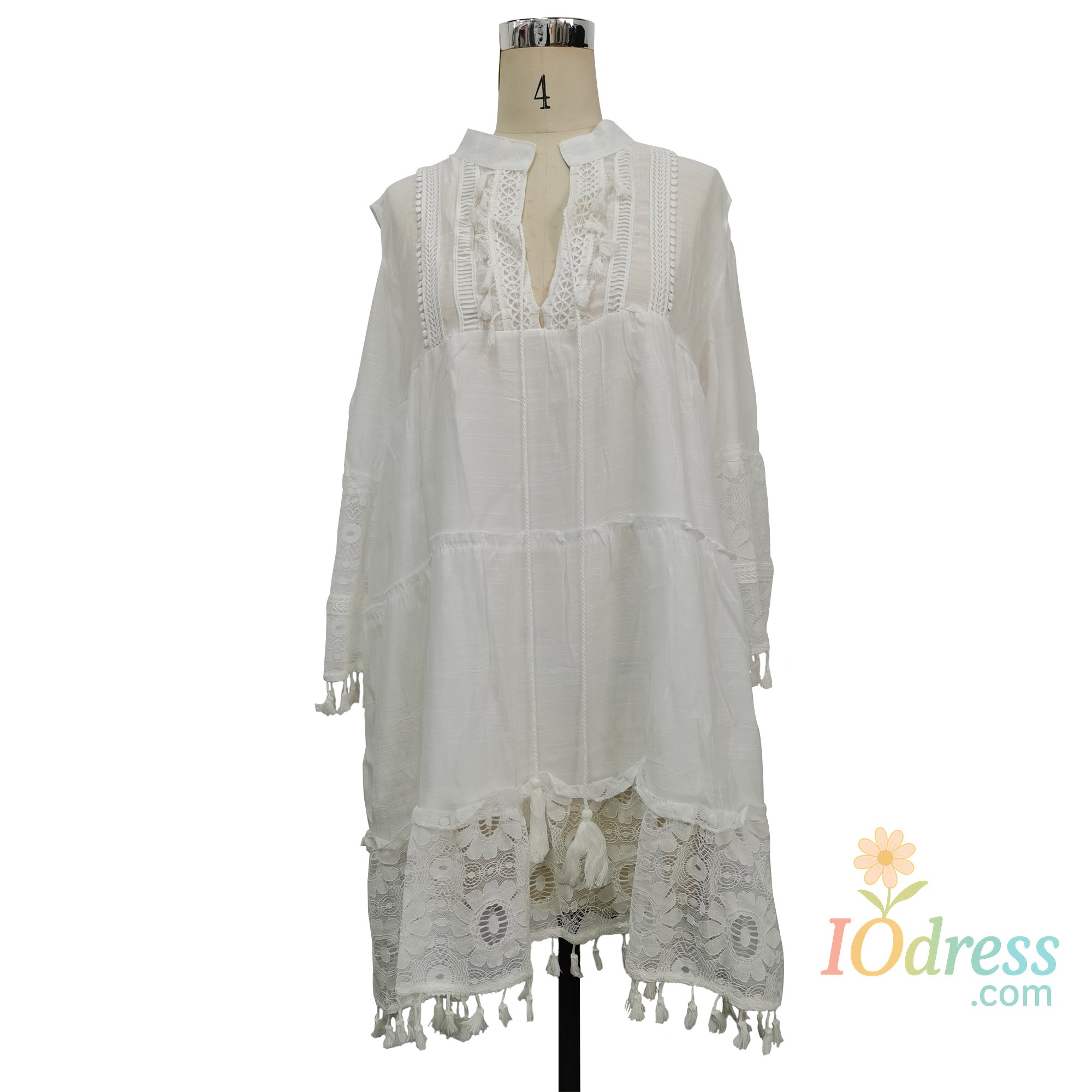 IO Dress New Spring Embroidery Crochet Lace Boho Dress Women Elegant Off Shoulder Tassel Ruffle Mini Dress Summer V Neck Lady Beach Dress