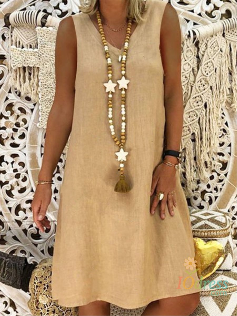 IO Dress Summer Women's Fashionable Yellow V-neck Sleeveless Vest Vestidos 2024 Women's Casual Cotton Linen Patchwork Loose Mini Dress 