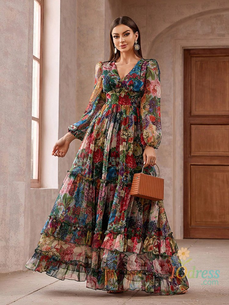 IO Dress TOLEEN 2024 New Casual Elegant Boho Vacation Party Dresses Women's Vintage Floral Print Long Sleeve Frill Trim Summer Maxi Dress