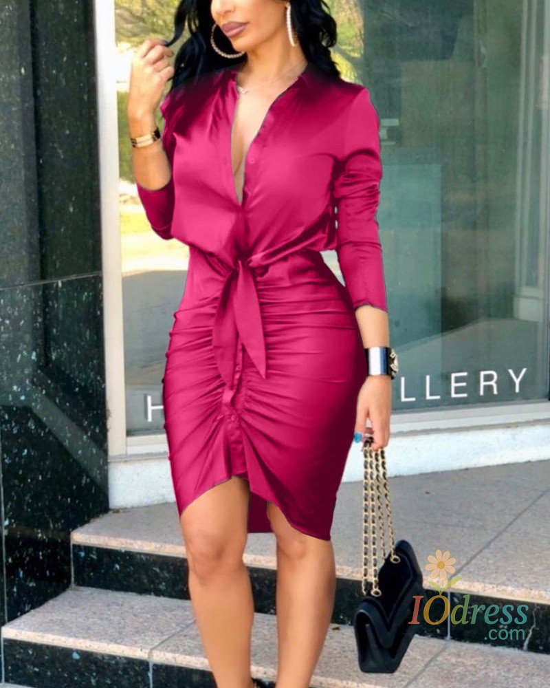 IO Dress Mid Shirt Dresses for Women Button Down Long Sleeve Pleated Dress Bodycon Ruched Tshirt Dress Party Work Wrap Dress