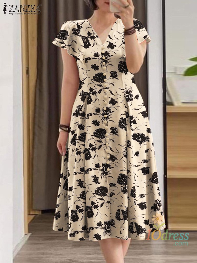 IO Dress Elegant Women Summer V Neck Short Sleeve Sundress Bohemain Floral Dress   Holiday Vestidos Casual Buttons Midi Robe