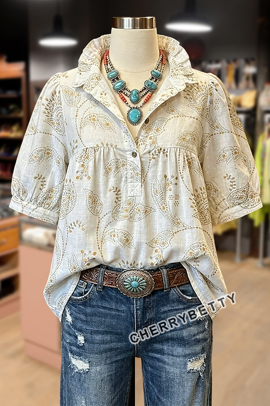 Retro Floral Print V-Neck Short Sleeve Top