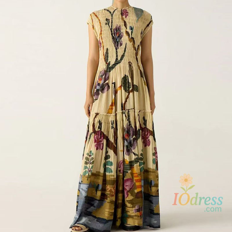 IO Dress Fashion Pattern Print Maxi Dresses Elegant O-neck Comfortable Bohemian Long Dress Women Casual Short Sleeve Pleated Party Dress