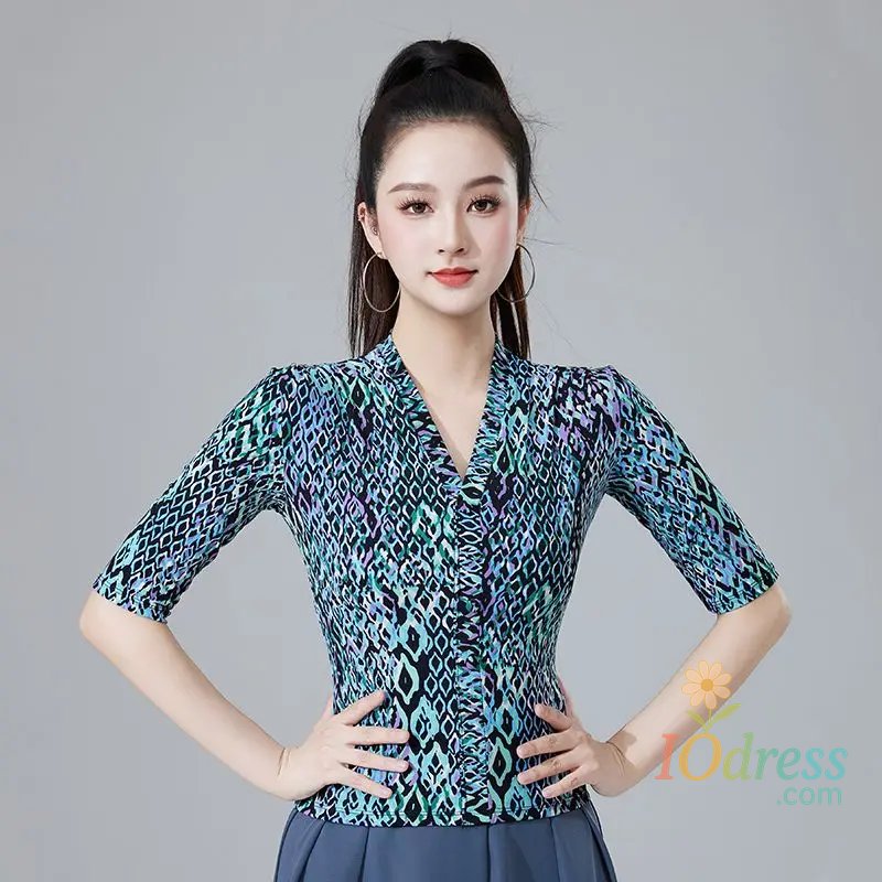 IO Dress Latin Dance One-piece Top Female Adult Modern Dance V-neck Leopard Print Practice  Performance Costume Ballroom Dance