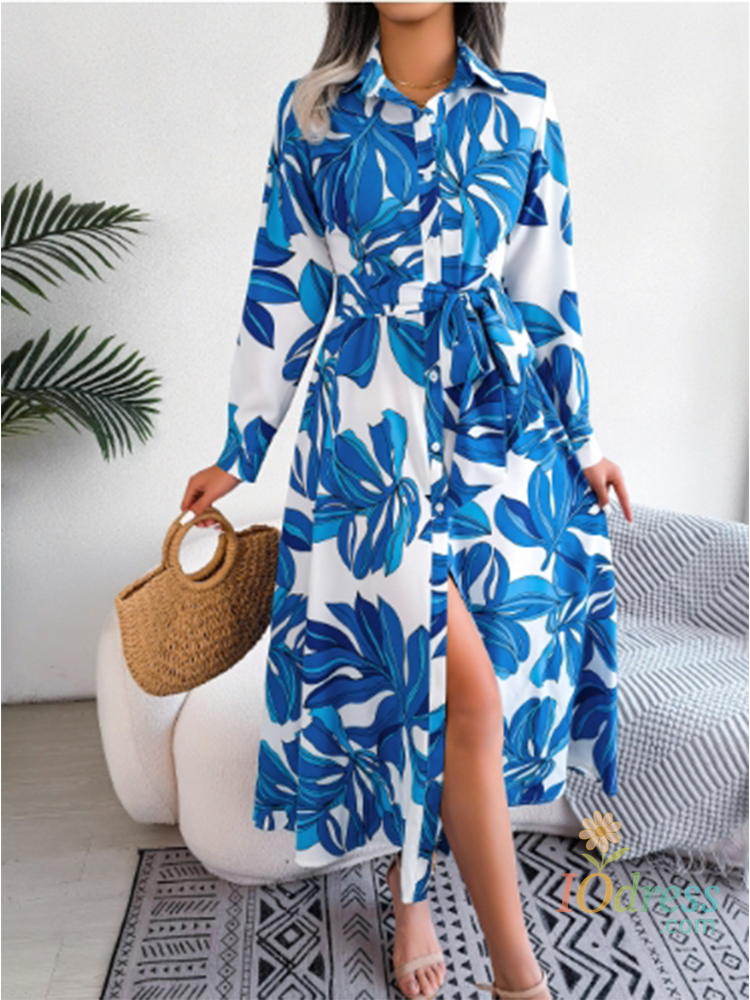 IO Dress Flip Collar Tied Long Sleeve Shirts Dresses Women's Color Blocked Printed Dress Elegant Office Dating Autumn Dress