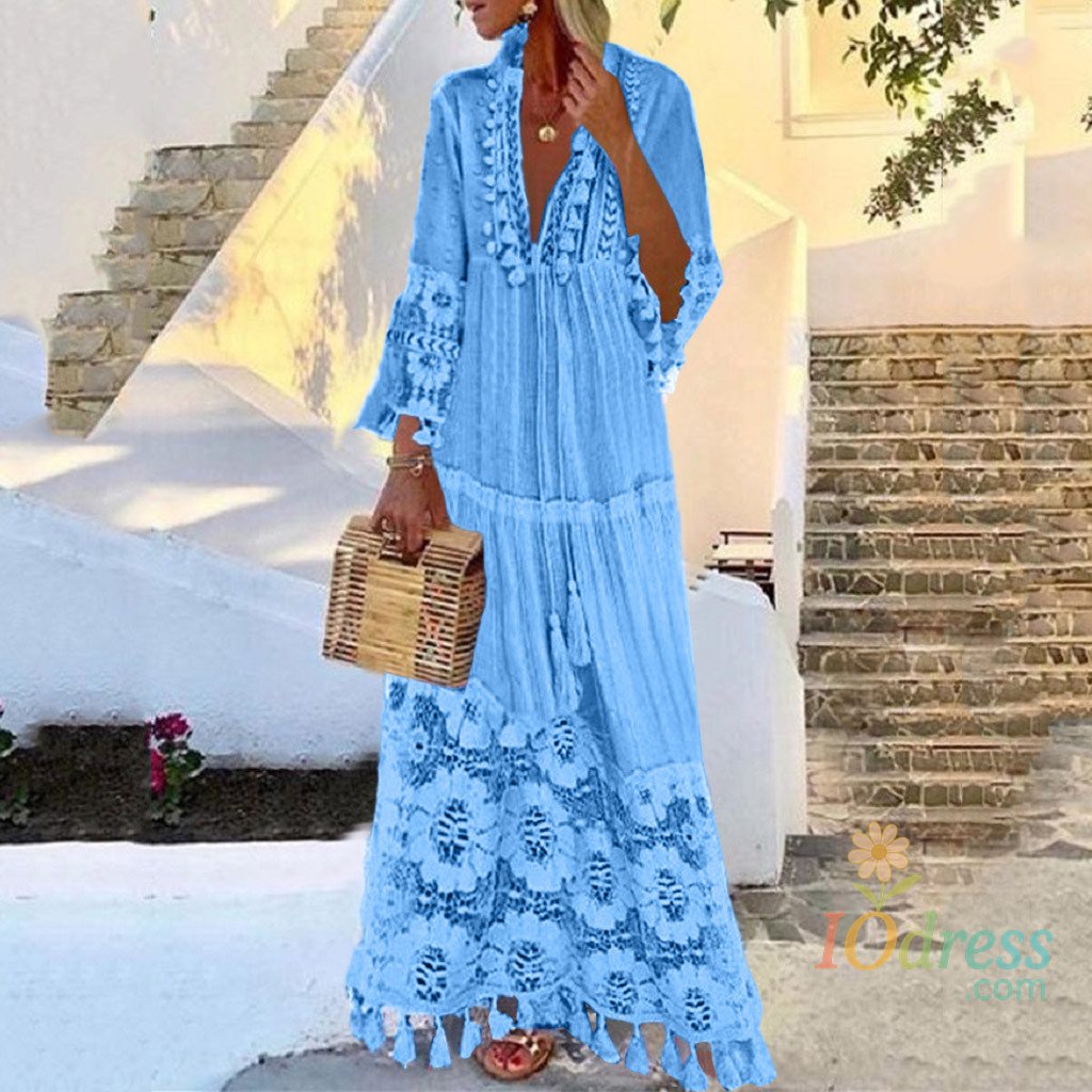 IO Dress Ladies Bohemian V-Neck Tassel Large Size Casual Dress Women Lace Solid Fashion Dress Elegant Robe Boho Holiday Long Dress