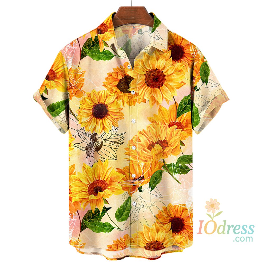 IO Menswear Men's Hawaiian Shirts 3D Print Sunflower Graphics Fashion Button Short Sleeved Lapel Streetwear Hawaiian Shirts for Men Summer