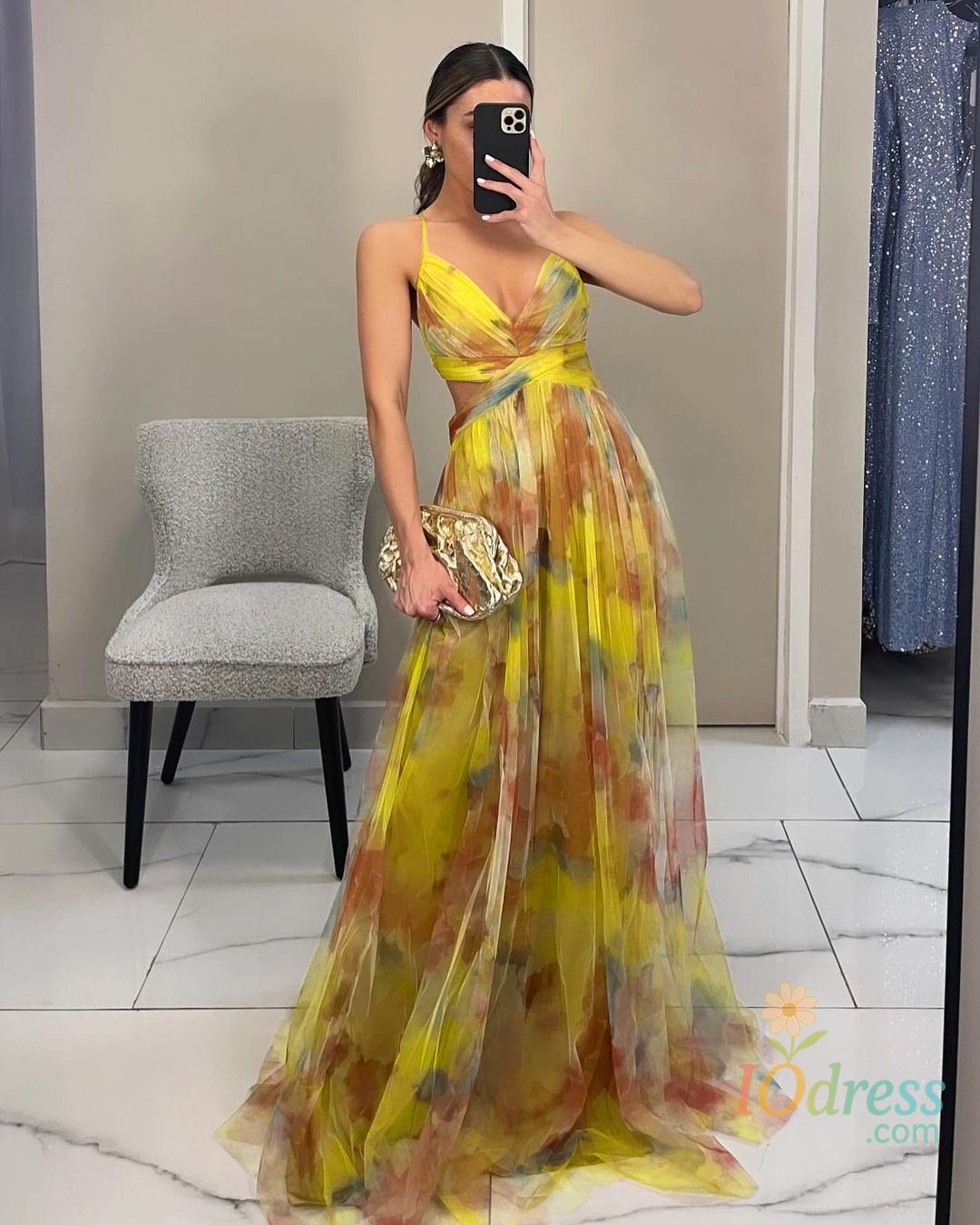 IO Dress Elegant Print Pleated Mesh Evening Dress Sexy Off Shoulder Ins Vacation Long Dress Summer V Neck High Waist Backless Sling Dress