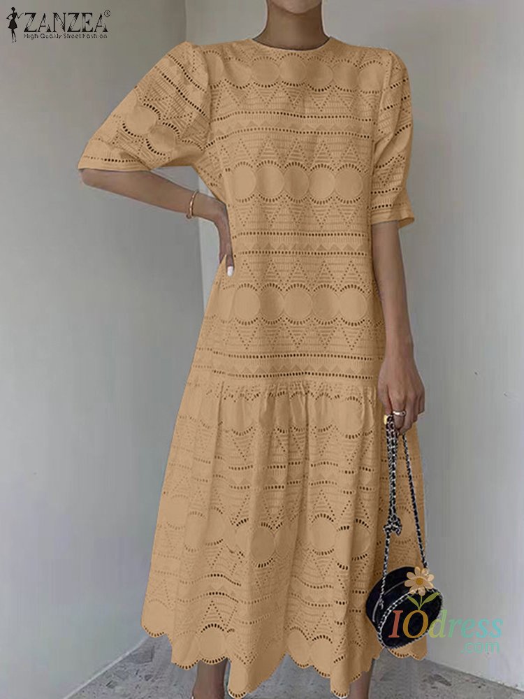 IO Dress Shop Women Summer Party Dress Lace Vestidos 2025 Hollow Out Ruffled Sundress Bohemian Patchwork Solid Color Casual A-line Robe